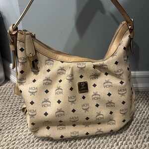 MCM Cream and Black Monogram Hobo Bag